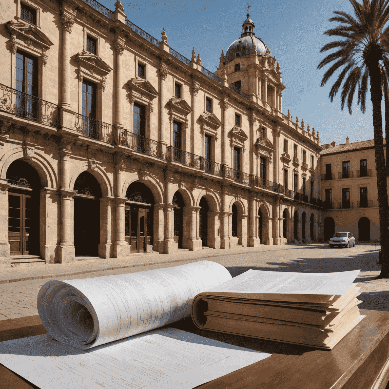 Imagen de un edificio histórico español con documentos legales en primer plano, simbolizando la ley de propiedad española