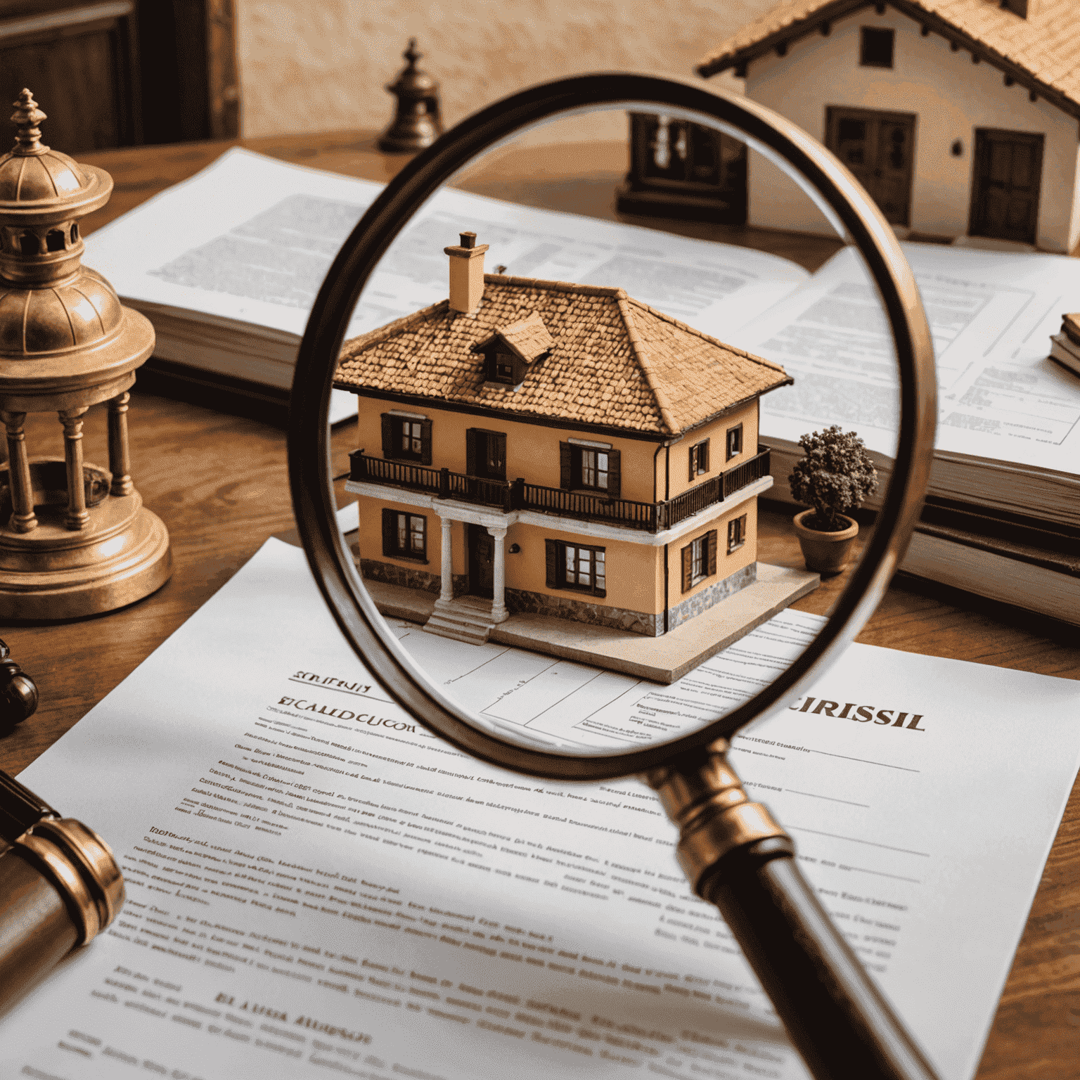 Imagen de una casa española típica con documentos legales y una lupa, simbolizando los desafíos legales en las transacciones inmobiliarias