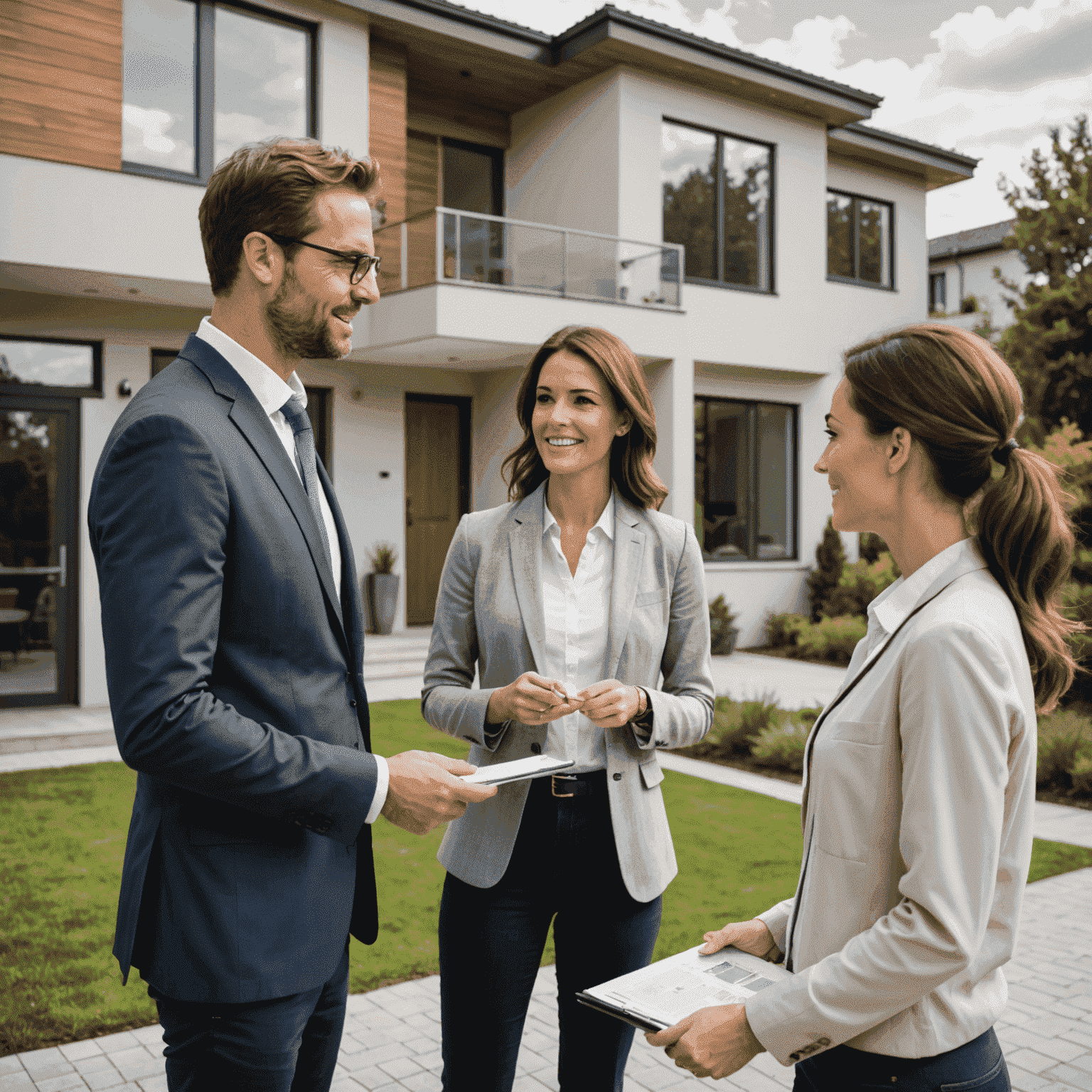 Agente inmobiliario mostrando una casa moderna a una pareja interesada